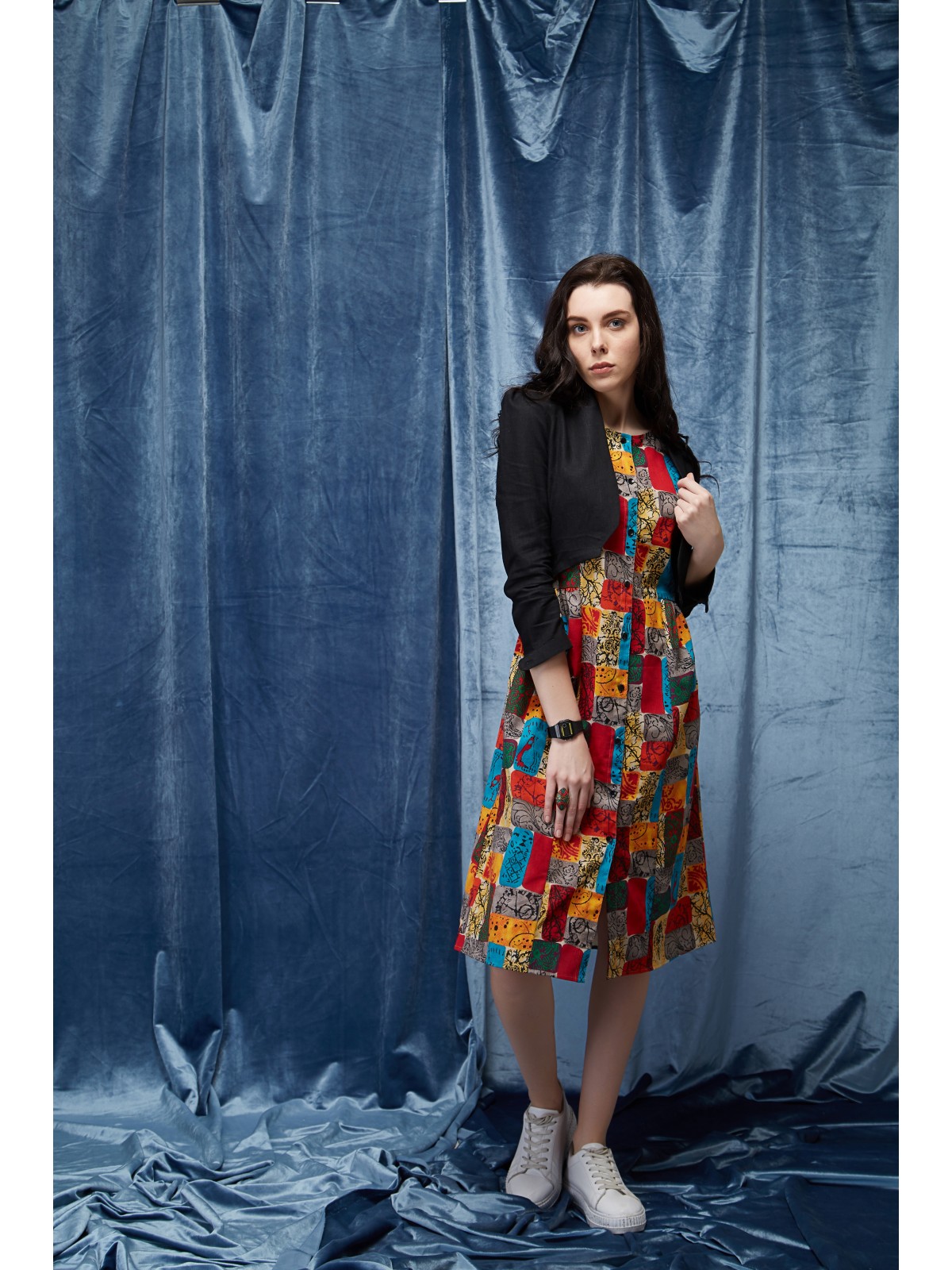 Sophisticated Multi Colored Long Shirt Dress With Elegant Jacket 